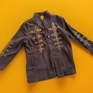 Bob Mackie Wearable Art Brown Fleece Azec Moroccan Embroidered 60s 70s Jacket XL